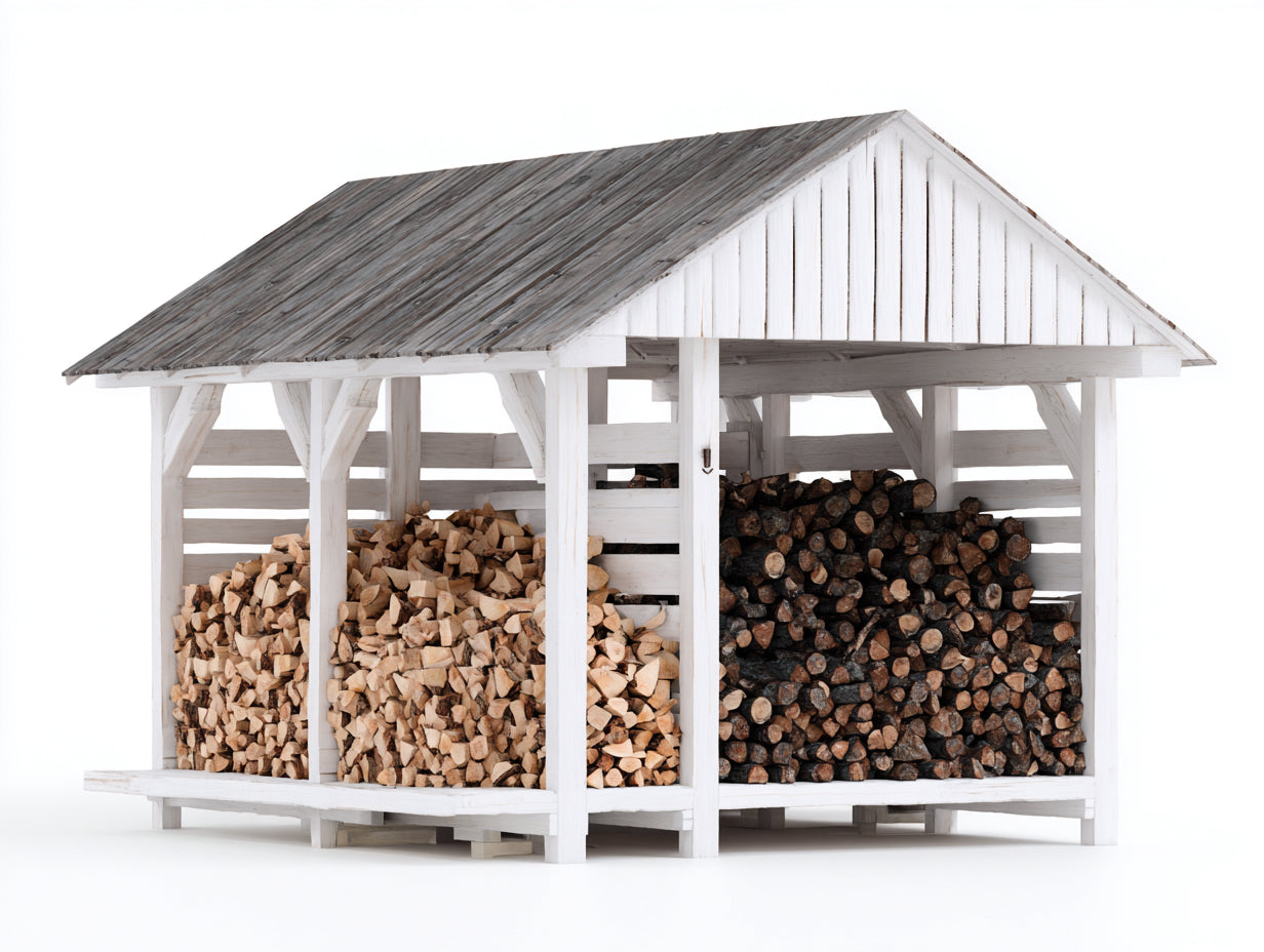 Kaminholzregal Holz 300x110x210 cm - Weiß-Grau - für Garten Terrasse und Kaminbereich mit Satteldach