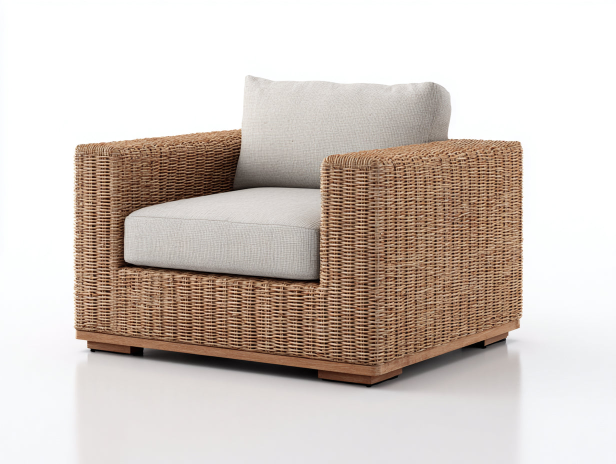 Polyrattan Gartensessel 92 x 86 x 80 cm - Naturbraun und Creme - Modernes Flechtdesign mit breiten Armlehnen