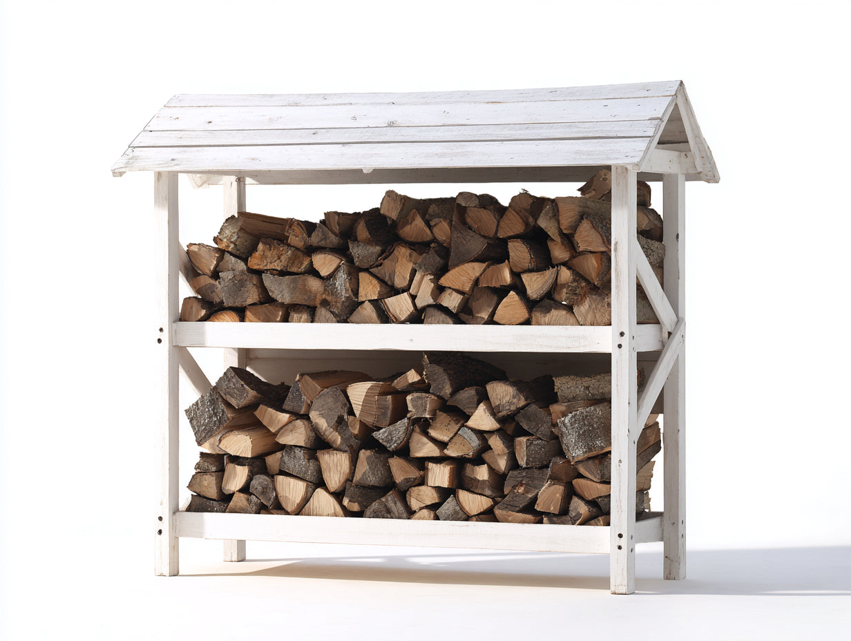 Kaminholzregal aus Massivholz 140 x 50 x 165 cm - Weiß und Natur - Zweistöckiges Design mit Satteldach