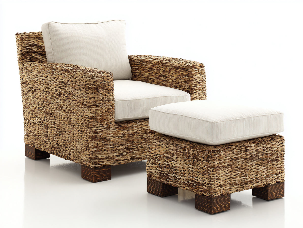 Polyrattan Gartensessel mit Hocker Naturbraun Beige 92x86x78 cm für Garten und Terrasse - Loungedesign