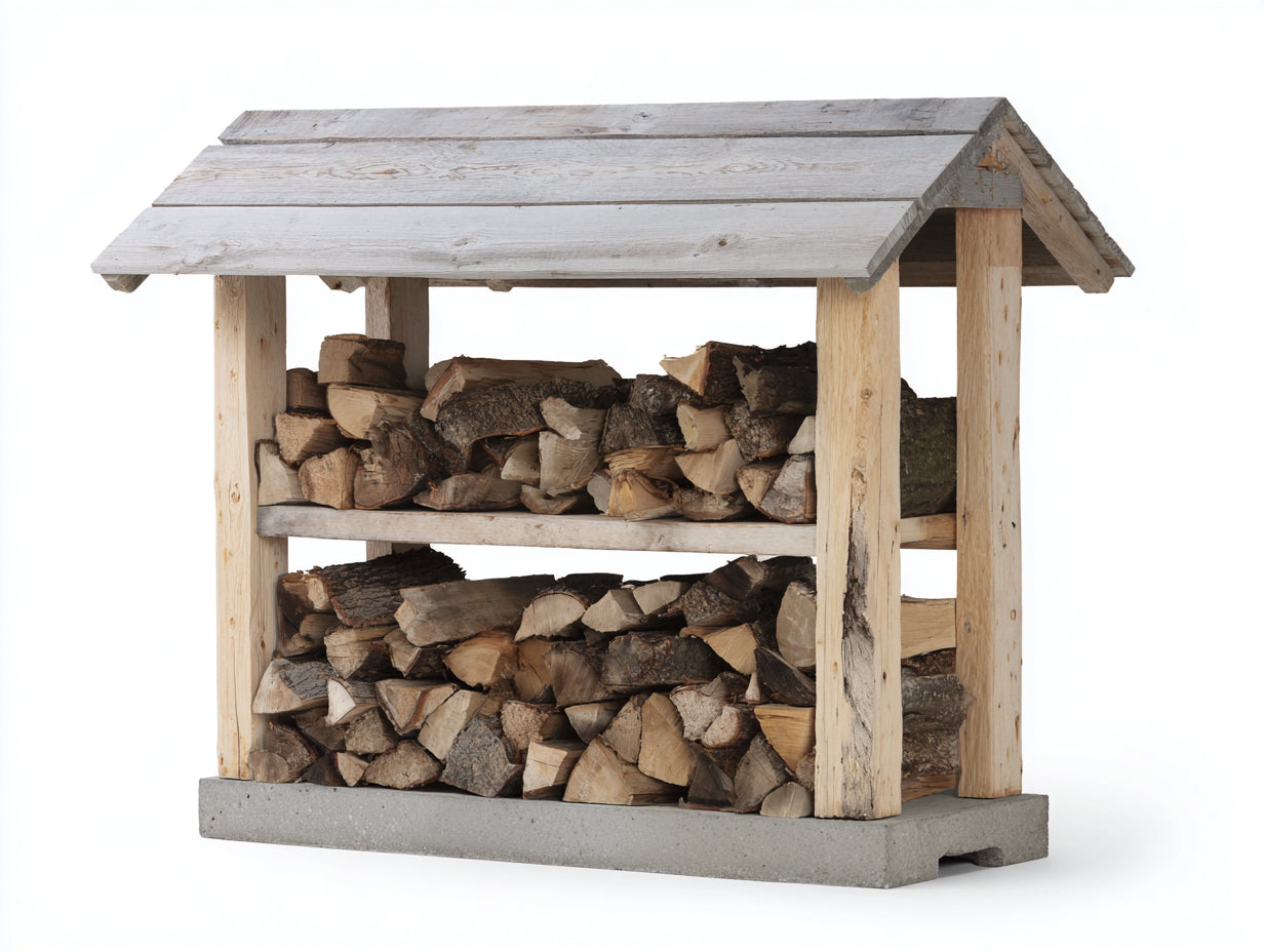 Kaminholzregal aus Holz und Beton 150 x 55 x 155 cm - Natur und Grau - Überdachtes rustikales Design mit 2 Lagerebenen für Garten und Terrasse