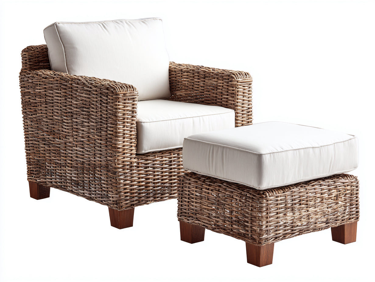Polyrattan Gartensessel Polyrattan 90x82x86 cm - Natur und Creme - mit Fußhocker und Polsterung