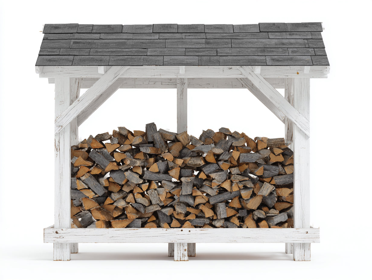 Kaminholzregal aus Massivholz 160 x 55 x 155 cm - Weiß Grau und Natur - Breites Design mit Pultdach