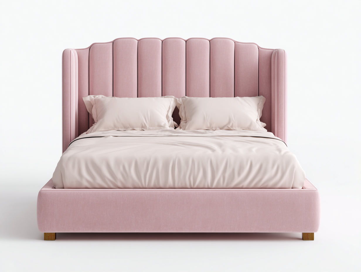 Doppelbett aus Stoff und Holzwerkstoff 218 x 188 x 142 cm - Rosa - Gepolstertes modernes Design mit hohem Kopfteil für Schlafzimmer
