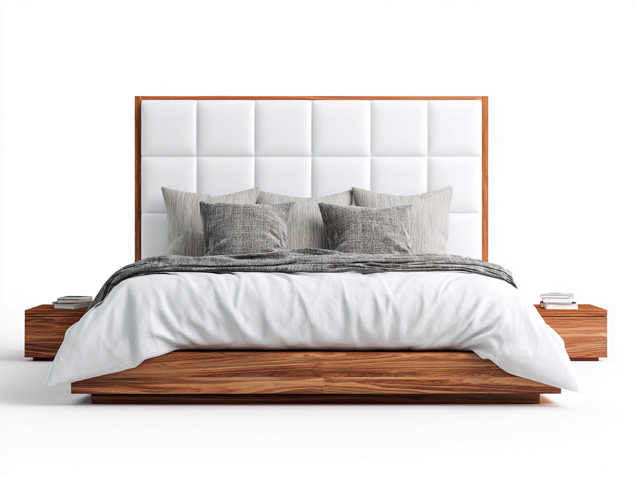 Doppelbett Holz Polsterstoff 220x190x122 cm - Weiß und Braun - gepolstertes Kopfteil mit Holzrahmen