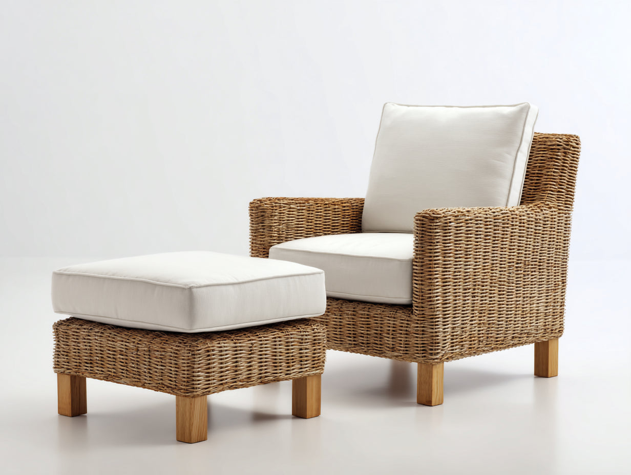Polyrattan Gartensessel Polyrattan 80x88x86 cm - Natur und Creme - mit Fußhocker und Holzfüßen