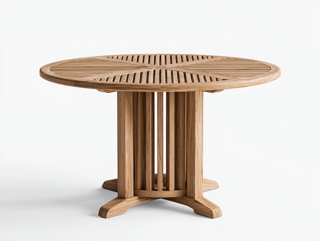 Gartentisch aus Holz 120 x 120 x 75 cm - Naturbraun - Rundes Lattendesign mit stabilem Säulenfuß für Garten und Terrasse