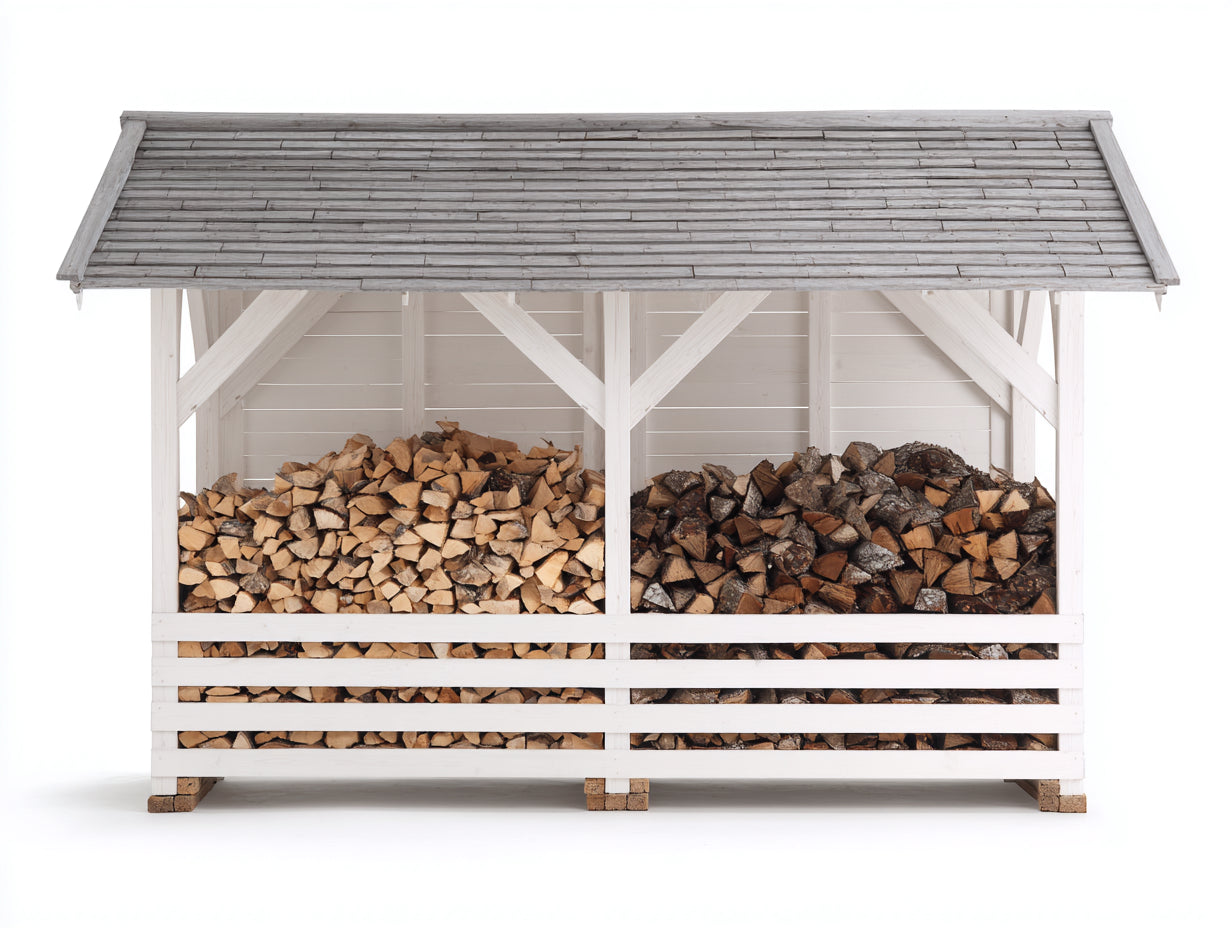 Kaminholzregal Holz 240x75x180 cm - Weiß und Grau - überdacht mit breitem Lagerbereich