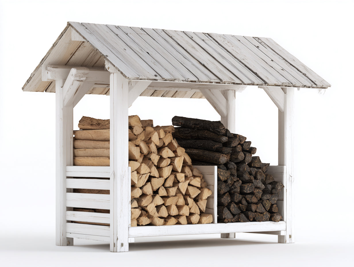 Kaminholzregal Holz 180x70x175 cm - Weiß - überdacht mit offenen Lagerfächern