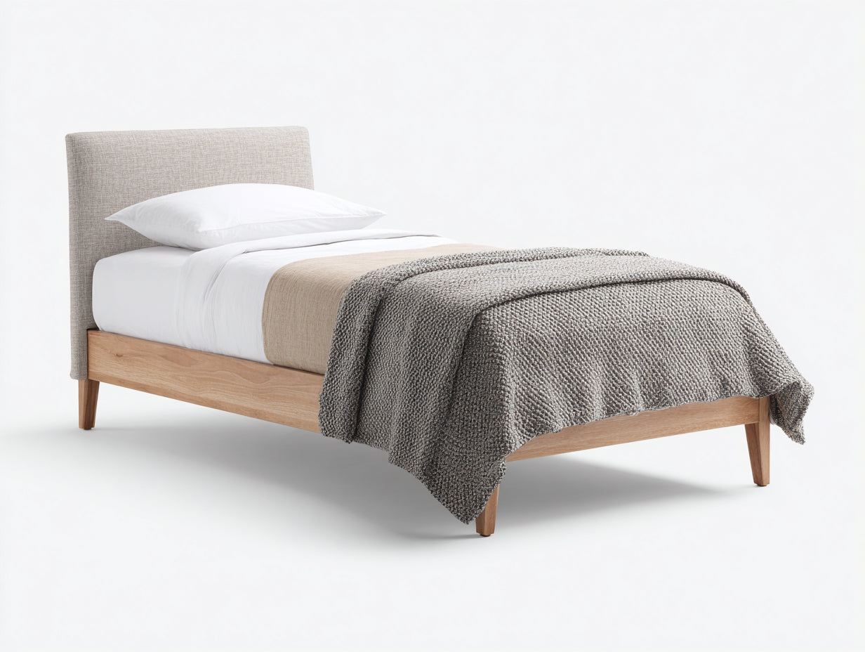 Einzelbett Holz Polsterstoff 205x100x98 cm - Beige und Natur - gepolstertes Kopfteil mit Holzrahmen