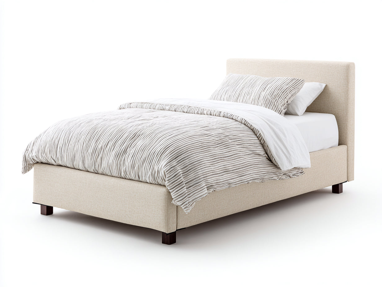 Einzelbett Stoffbezug Holzfüße 210x100x105 cm - Beige-Dunkelbraun - für Schlafzimmer mit gepolstertem Kopfteil
