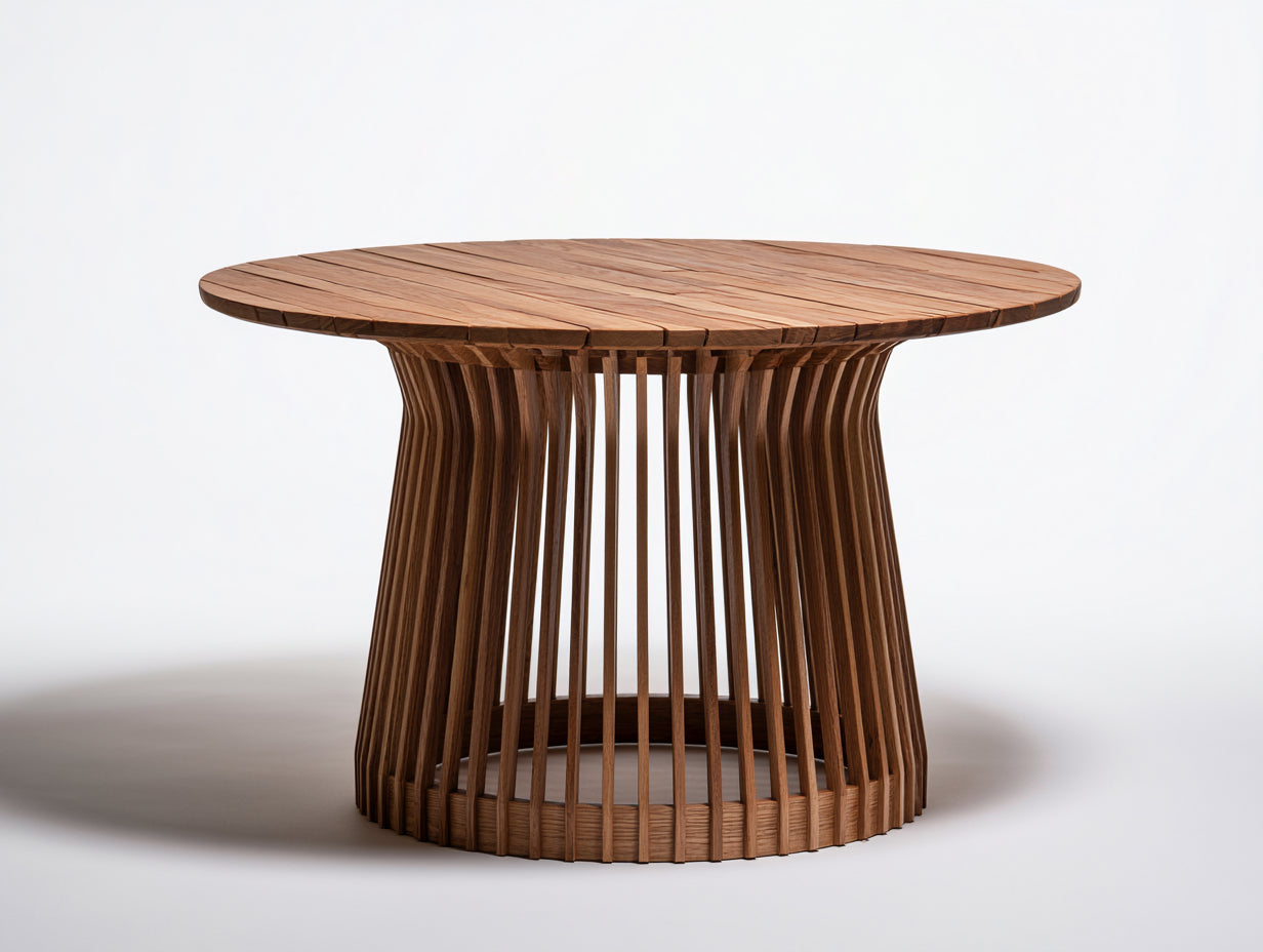 Gartentisch Massivholz 130x130x75 cm - Braun - für Garten und Terrasse mit rundem Lamellengestell