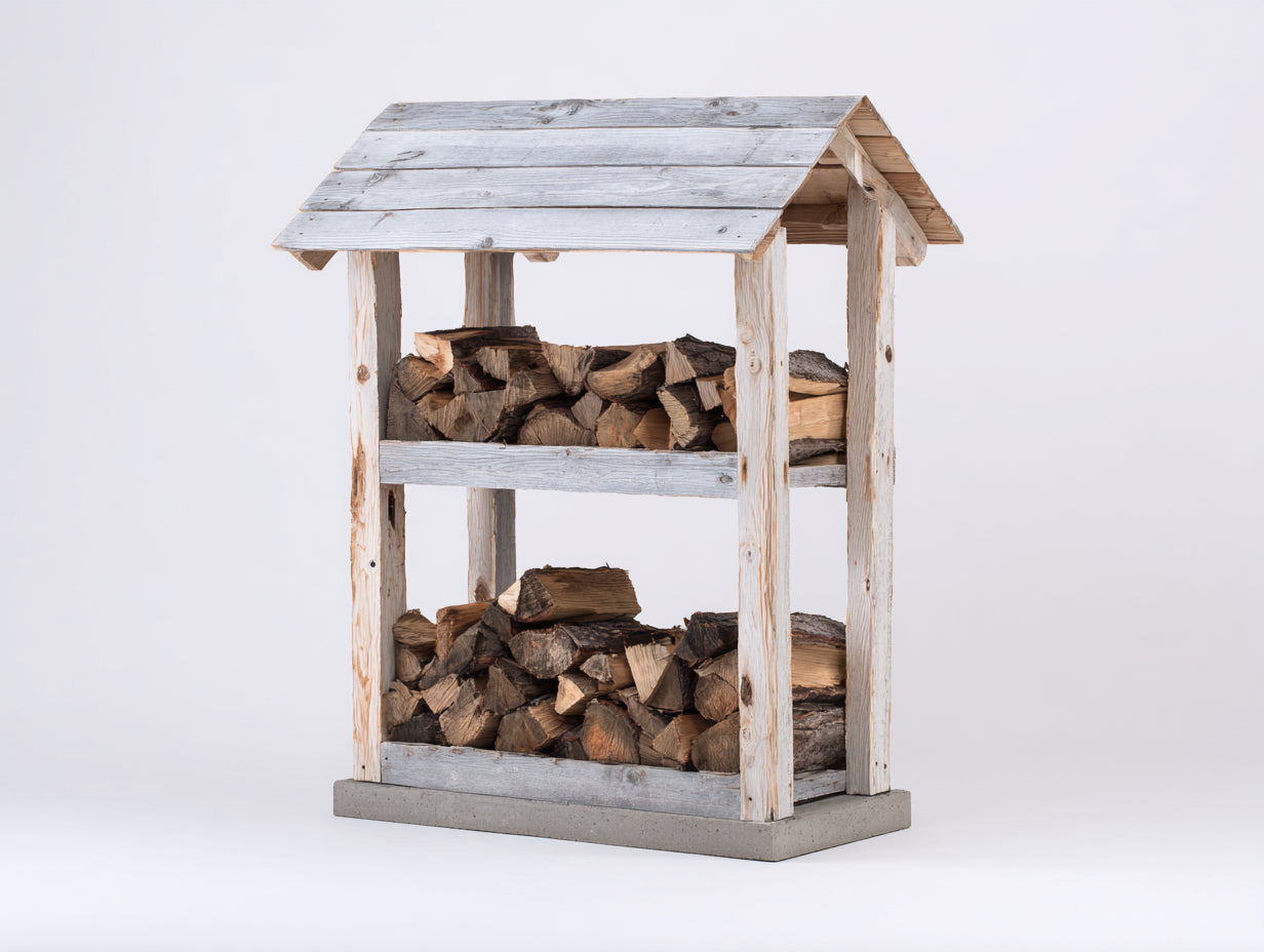 Kaminholzregal aus Massivholz und Beton 120 x 45 x 170 cm - Weiß Natur und Grau - Zweistöckiges Design mit Satteldach