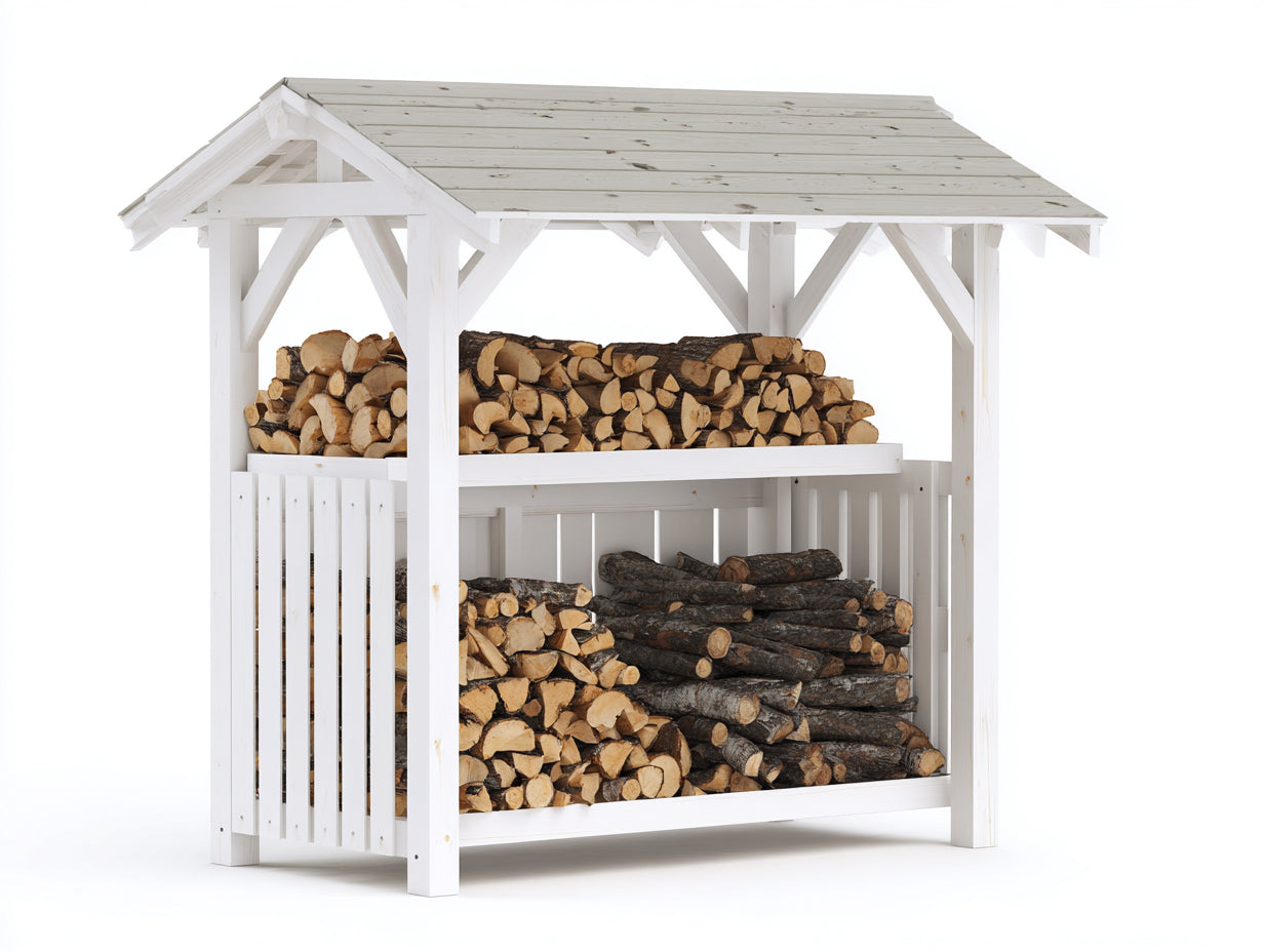 Kaminholzregal Holz 180x60x170 cm - Weiß-Grau - für Garten Terrasse und Kaminbereich mit Satteldach