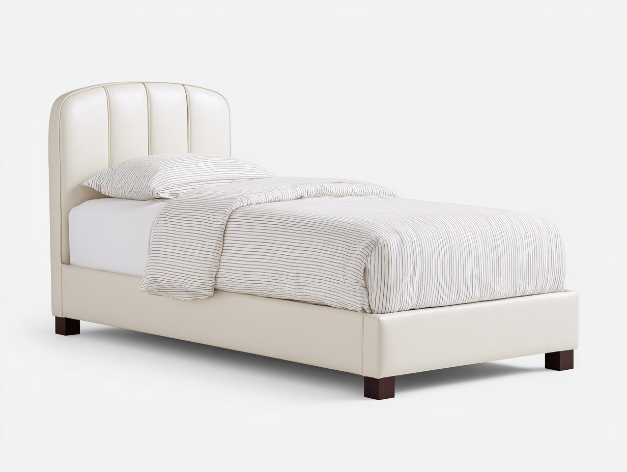 Einzelbett Kunstlederbezug Holzfüße 210x100x108 cm - Creme-Dunkelbraun - für Schlafzimmer mit gepolstertem Kopfteil