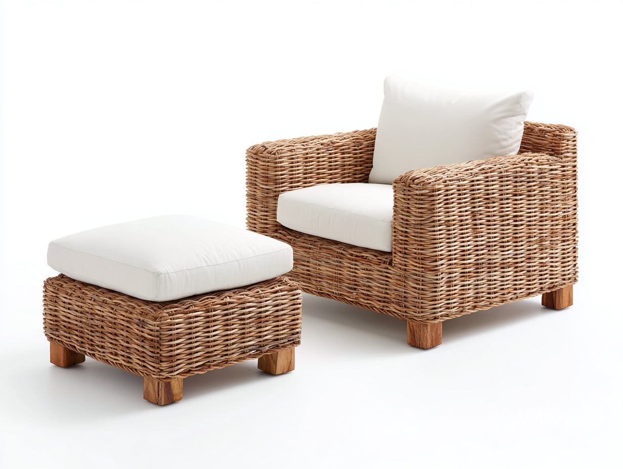 Polyrattan Gartensessel Geflecht 82x86x78 cm - Natur-Creme - für Garten und Terrasse mit Hocker