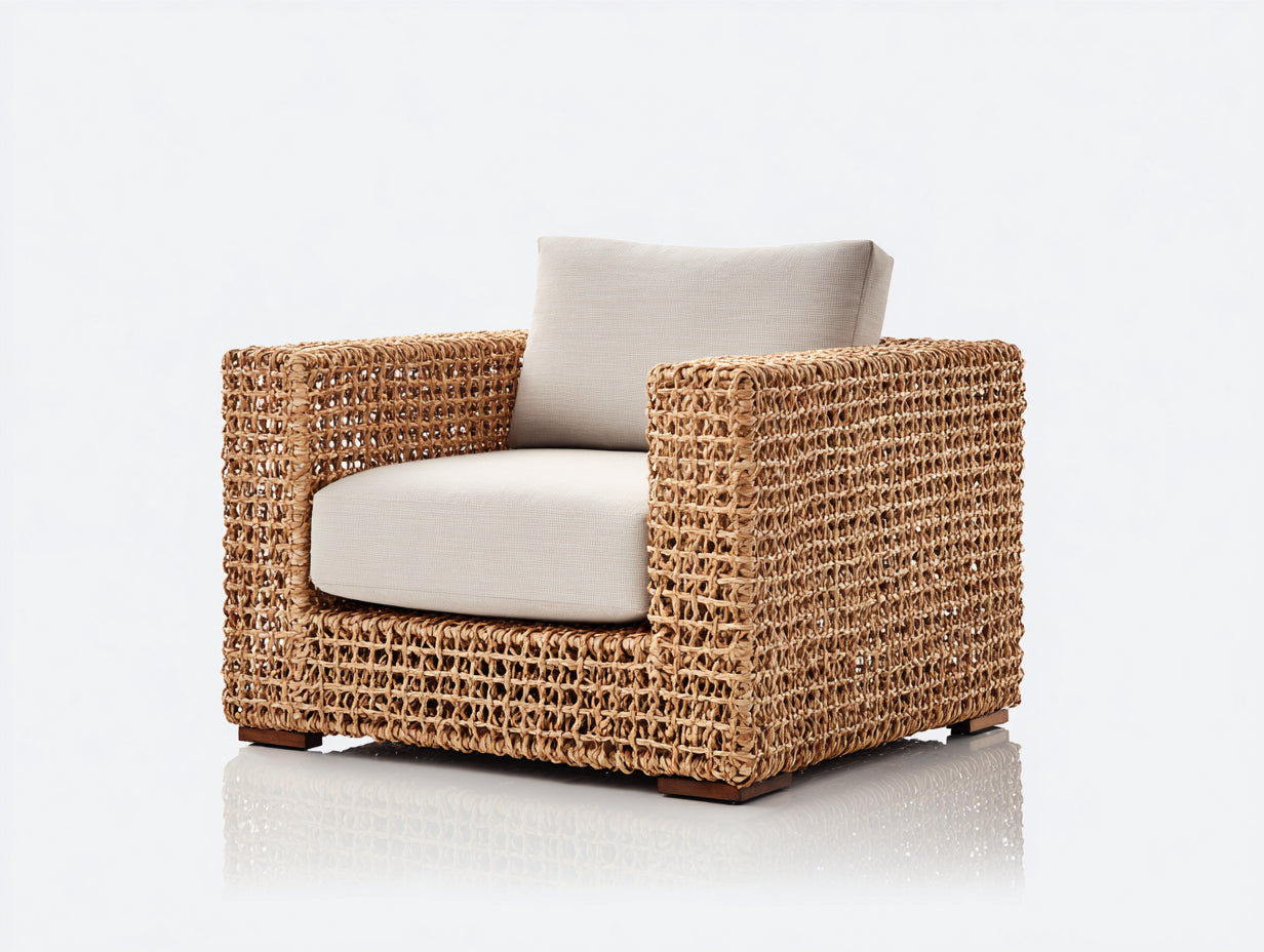 Polyrattan Gartensessel Polyrattan 90x88x78 cm - Natur und Creme - offenes Geflecht mit Polsterung