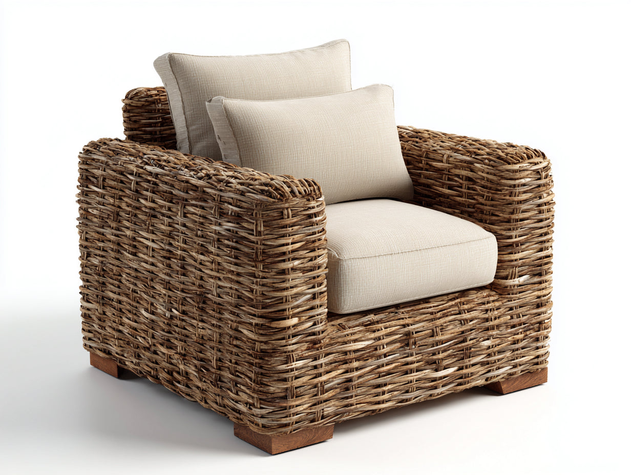 Polyrattan Gartensessel 95 x 88 x 84 cm - Naturbraun und Creme - Breites Flechtdesign mit Armlehnen