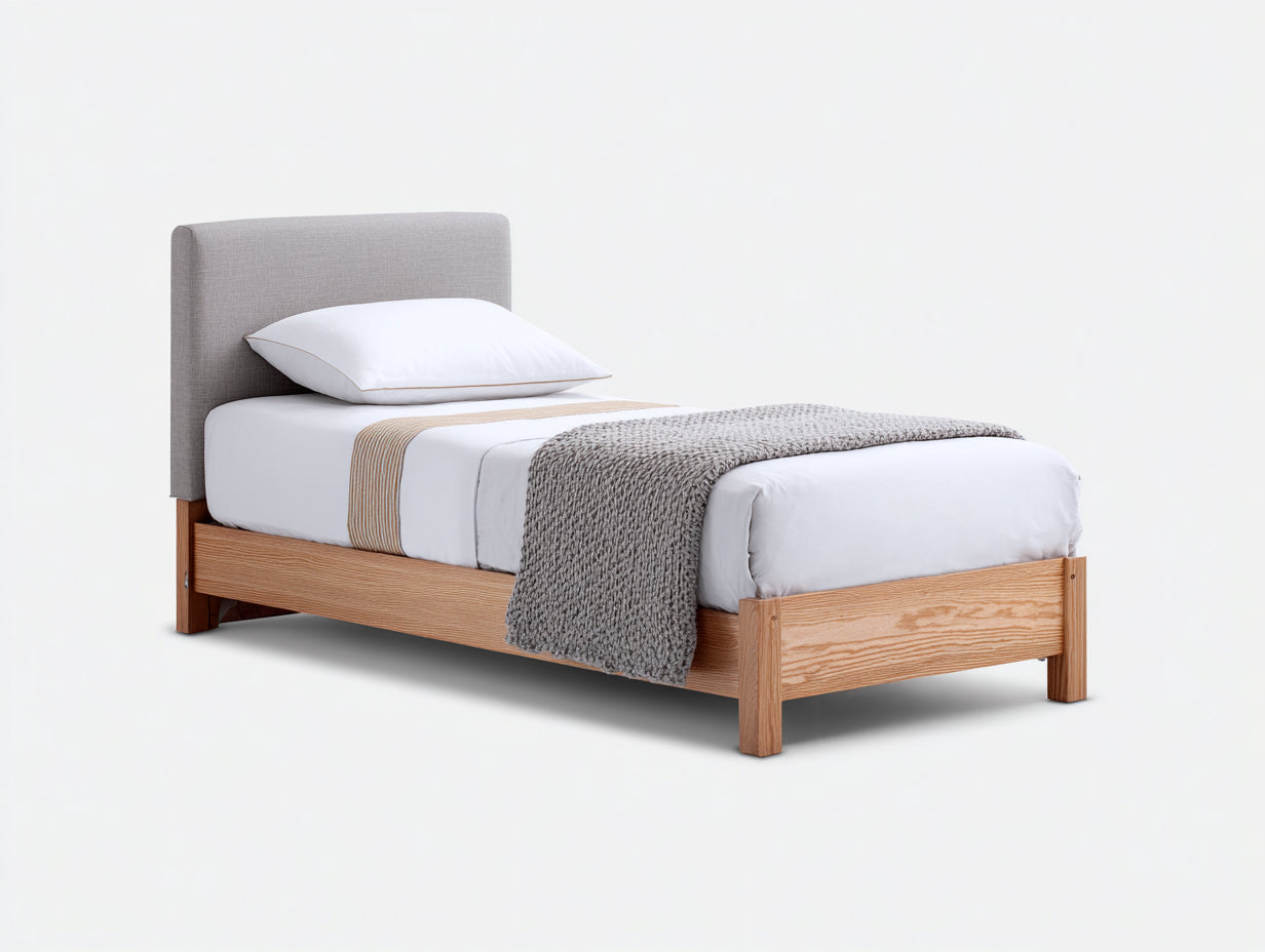 Einzelbett aus Holz und Stoff 210 x 100 x 110 cm - Natur und Grau - Gepolstertes modernes Design für Schlafzimmer