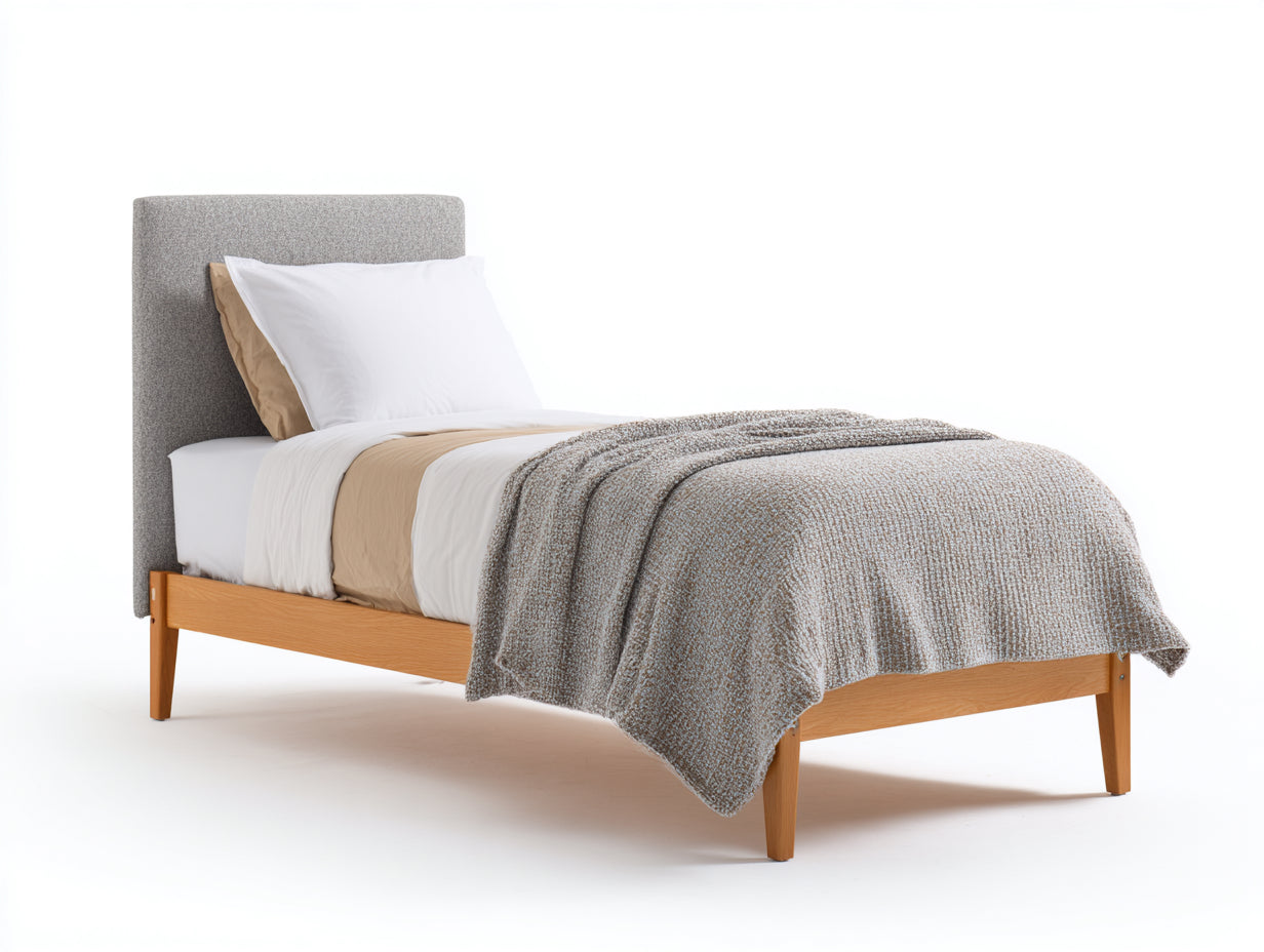 Einzelbett Holz 210x100x100 cm - Naturholz und Grau - Bettgestell mit gepolstertem Kopfteil