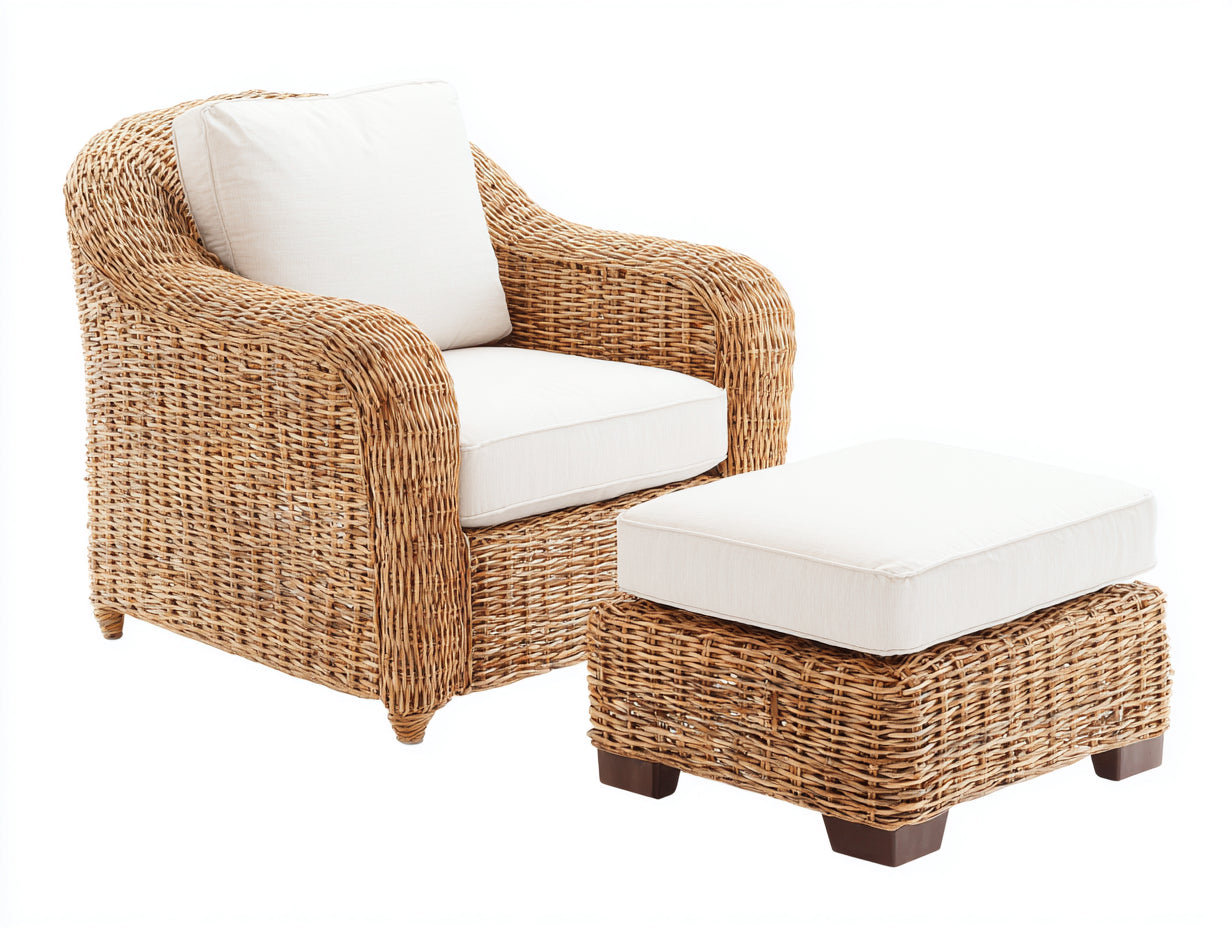 Polyrattan Gartensessel mit Fußhocker 85 x 78 x 88 cm - Naturbraun Creme und Dunkelbraun - Geflochtenes Design