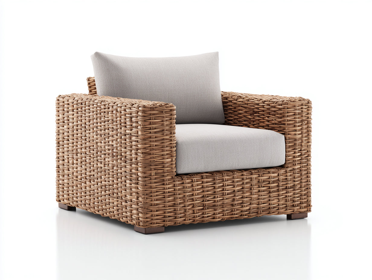Polyrattan Gartensessel 90 x 85 x 80 cm - Hellbraun und Beige - Gepolstertes modernes Loungedesign für Garten und Terrasse