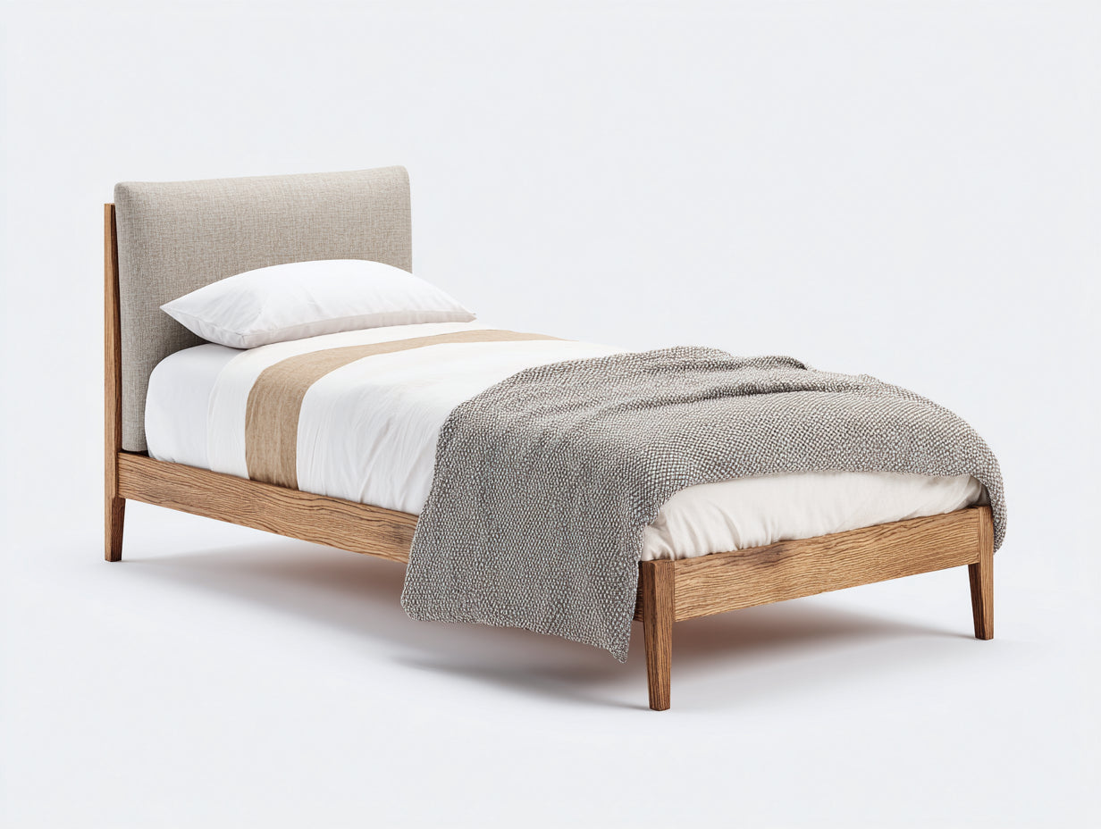 Einzelbett aus Massivholz und Webstoff 210 x 105 x 110 cm - Natur und Beige - Modernes Design mit gepolstertem Kopfteil