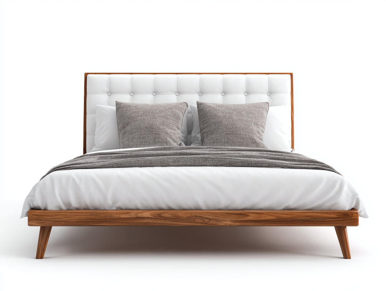 Doppelbett Holzrahmen Polsterkopfteil 218x180x105 cm - Natur-Weiß - für Schlafzimmer mit Knopfheftung