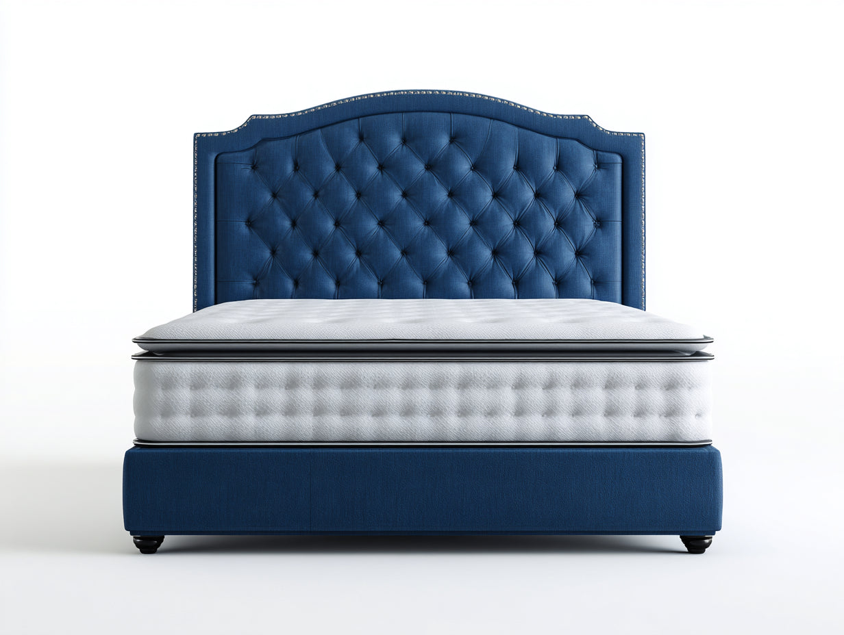 Doppelbett Polsterbett 210x190x130 cm - Blau und Weiß - mit Matratze und Knopfheftung