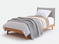 Einzelbett Holzrahmen Stoffkopfteil 210x100x92 cm - Natur-Grau - für Schlafzimmer mit erhöhtem Gestell