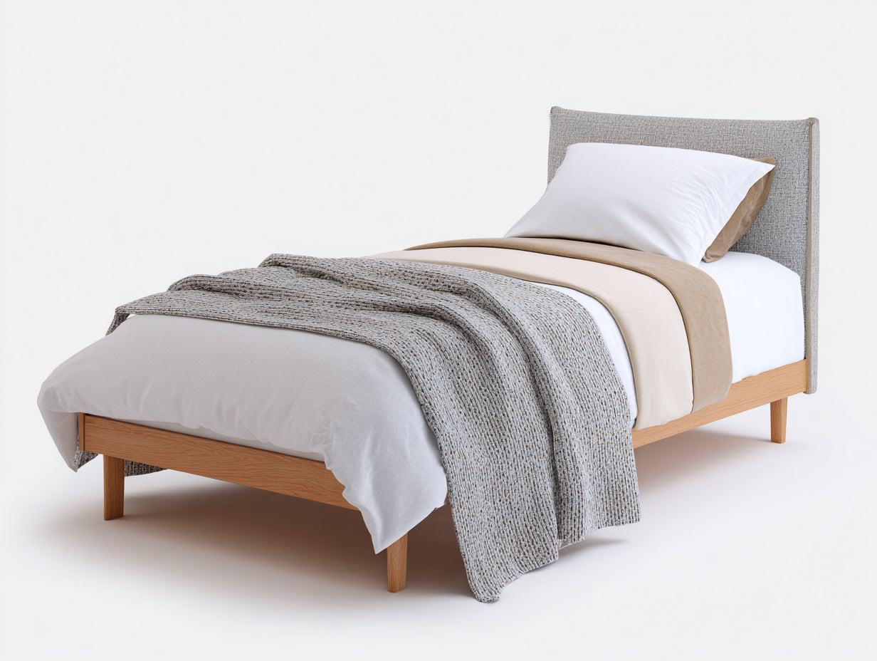 Einzelbett Holzrahmen Stoffkopfteil 210x100x92 cm - Natur-Grau - für Schlafzimmer mit erhöhtem Gestell