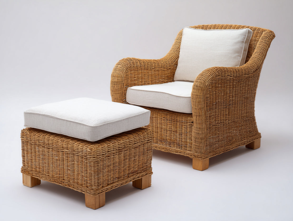 Polyrattan Gartensessel Polyrattan 78x86x88 cm - Natur und Creme - mit Fußhocker