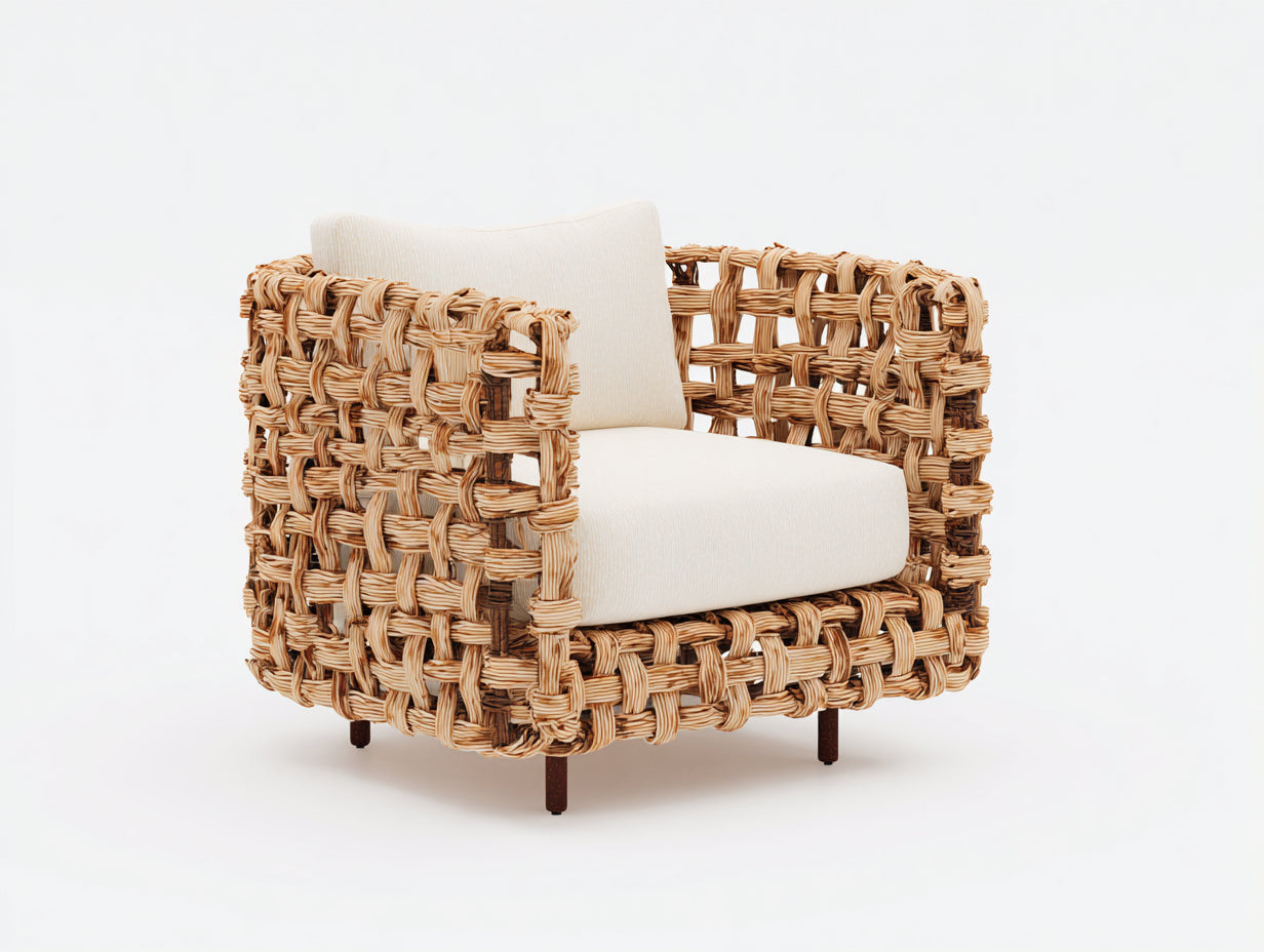 Polyrattan Gartensessel 85x78x72 cm - Naturfarben und Creme - geflochtener Loungesessel für Terrasse