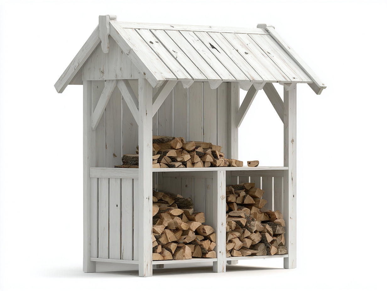 Kaminholzregal Holz 160x60x190 cm - Weiß - überdacht mit offenen Fächern