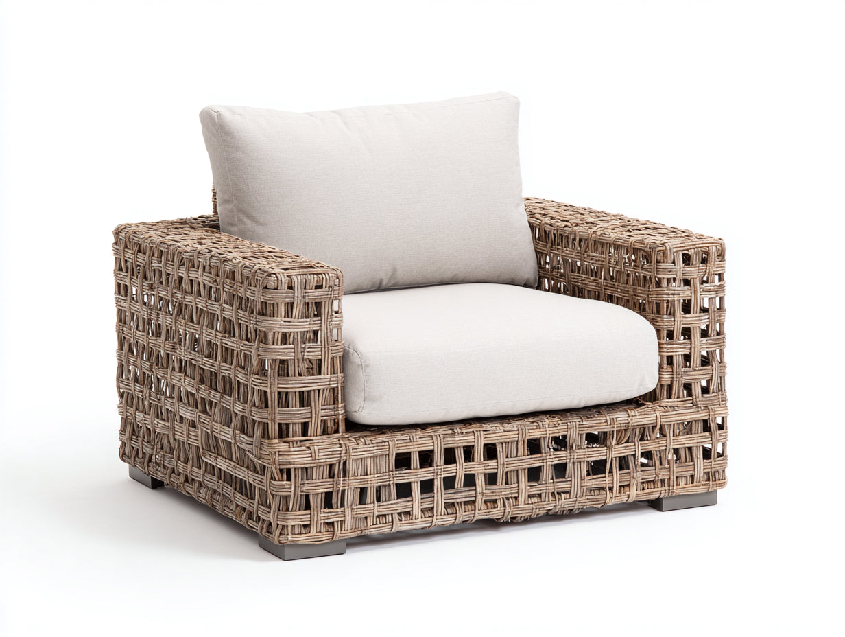 Polyrattan Gartensessel Geflecht 88x82x78 cm - Natur-Beige - für Garten und Terrasse mit breiten Armlehnen