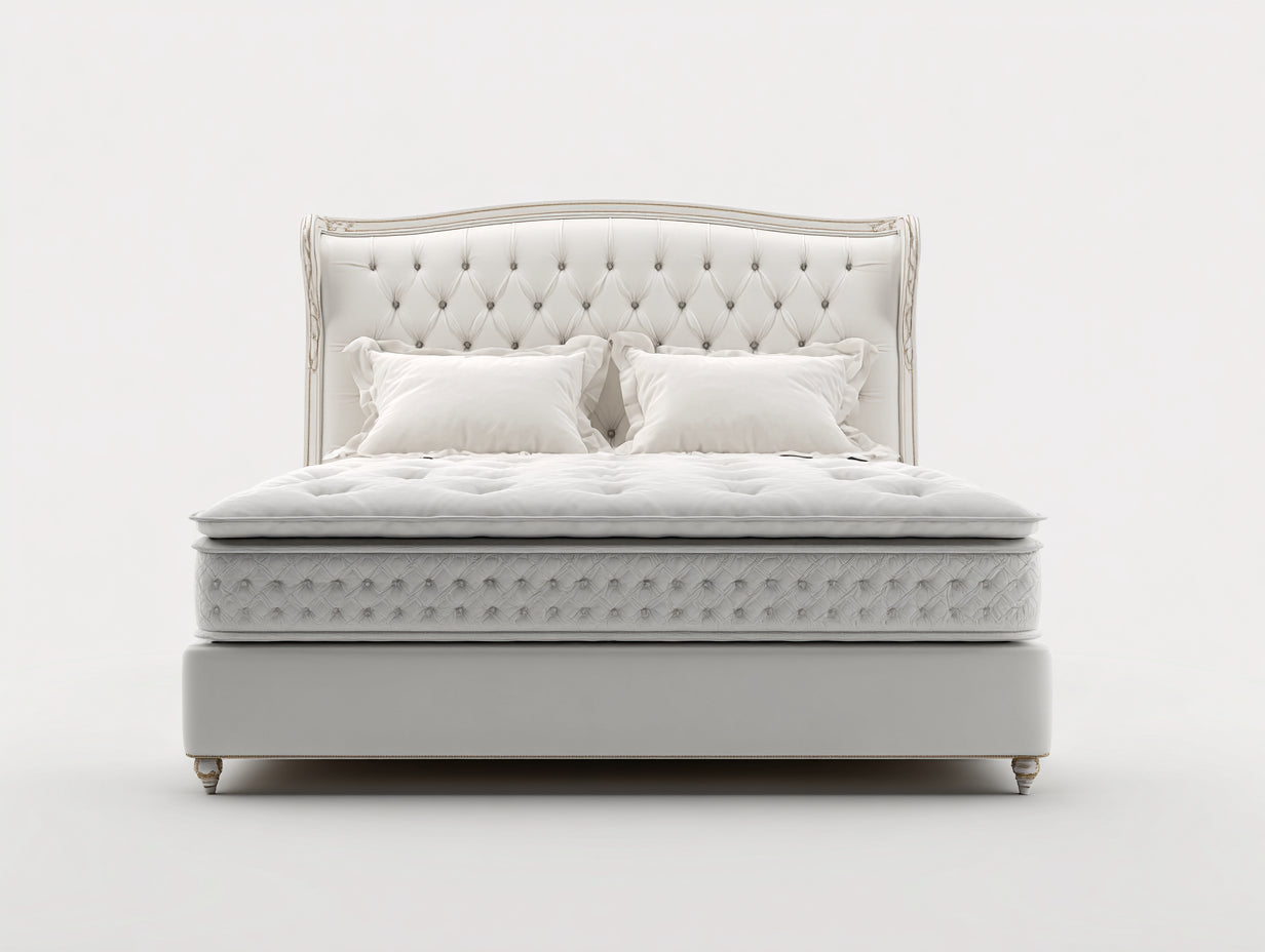 Doppelbett aus Kunstleder und Holzwerkstoff 220 x 190 x 145 cm - Weiß - Gepolstertes klassisches Design mit Knopfheftung für Schlafzimmer