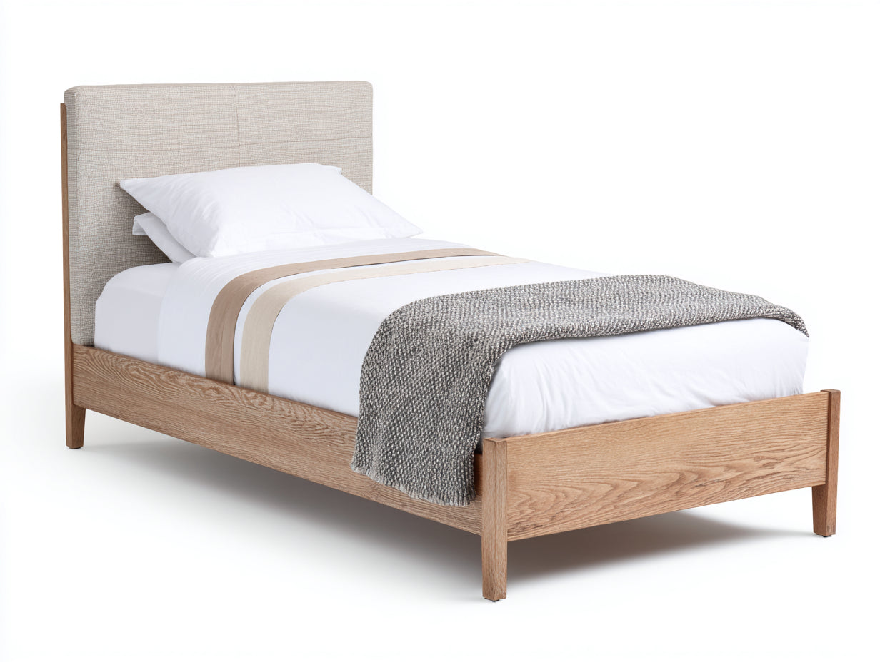 Einzelbett Holz 210x100x105 cm - Naturholz und Beige - Bettgestell mit gepolstertem Kopfteil