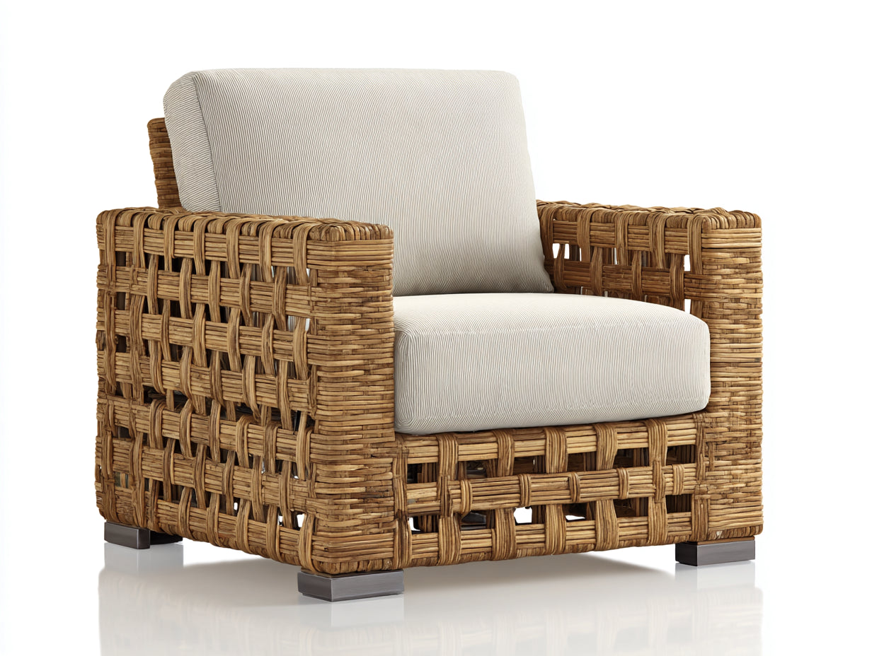 Polyrattan Gartensessel 90 x 84 x 82 cm - Naturbraun Creme und Dunkelgrau - Offenes Flechtdesign mit breiten Armlehnen